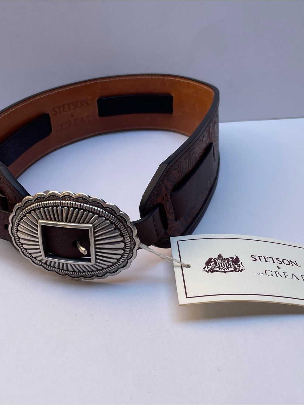 The Great Stetson Brown Tooled Leather Western Belt NWT Original Packaging - Picture 2 of 11